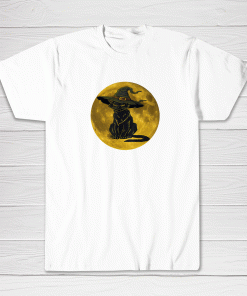 Halloween Scary Black Cat With Witch Hat Full Moon Tee shirt Men Women